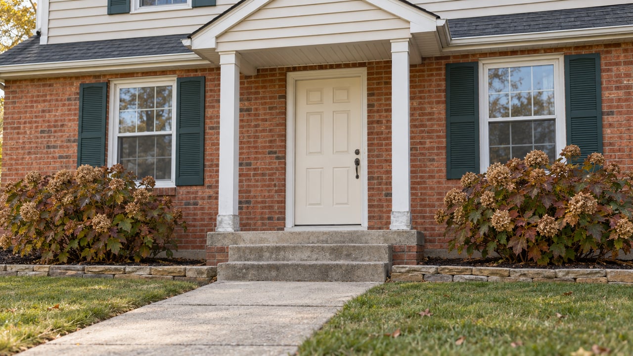 Brick home entrance with a cream door, paired shuttered windows, concrete steps and autumn oakleaf hydrangeas.