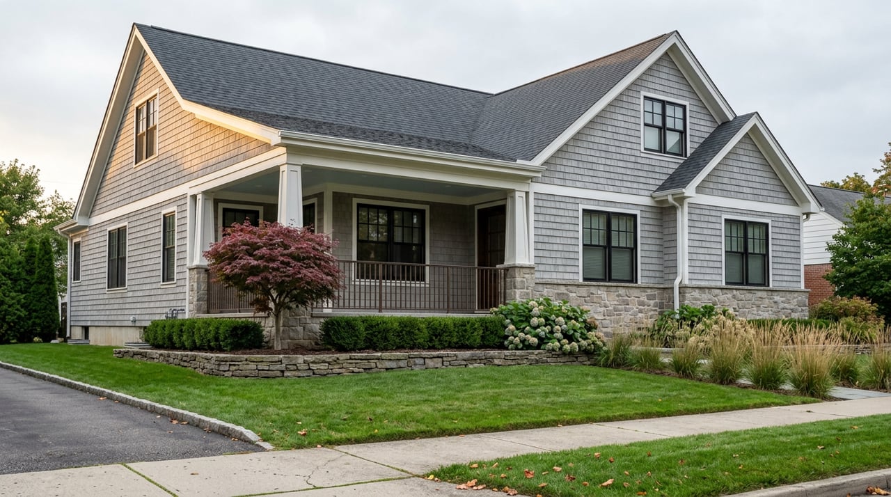 Two-story gray-shingled home with a covered porch, stone columns, and a red-purple Japanese maple.