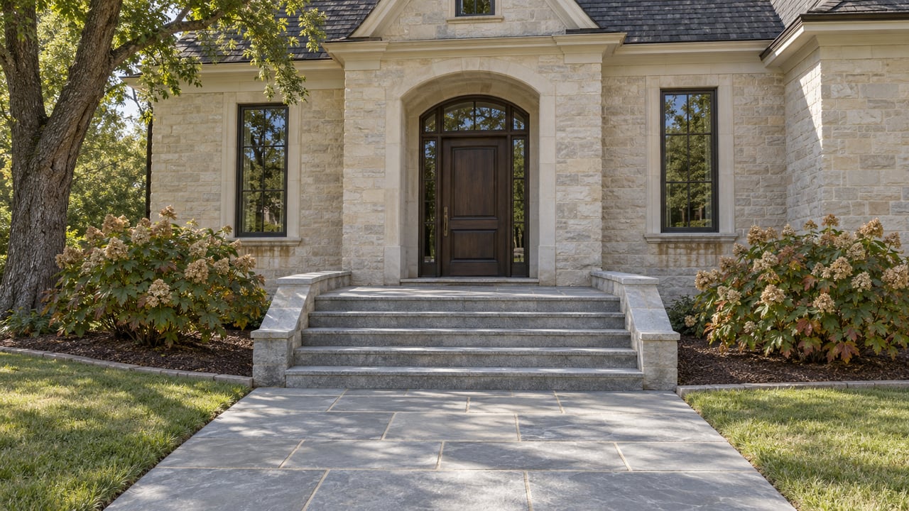 Pale masonry home with a dark gabled roof, tall windows and broad granite entry steps beside oakleaf hydrangeas and a mature oak.