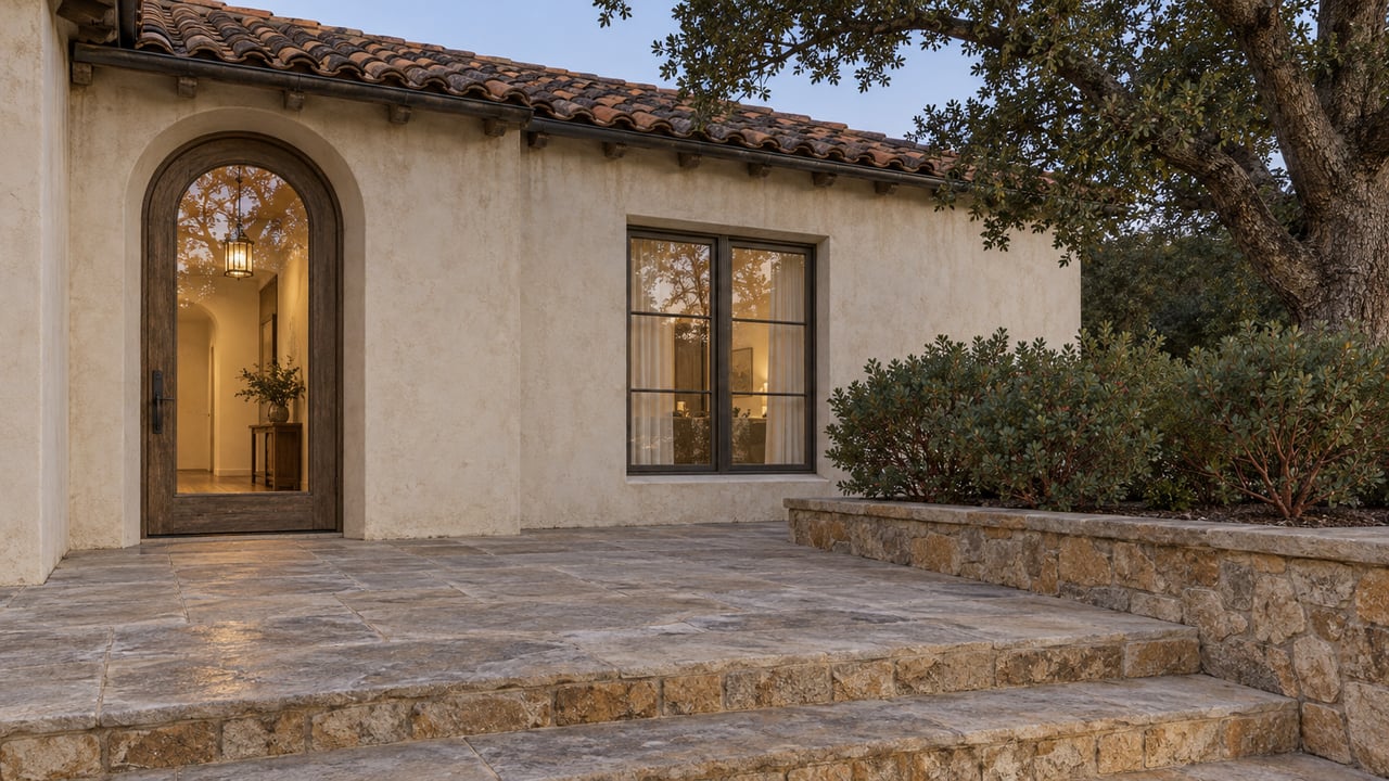 Warm light behind a glazed oak entry door in a cream stucco home with clay roof tiles, stone steps, and mature oak branches at dusk.