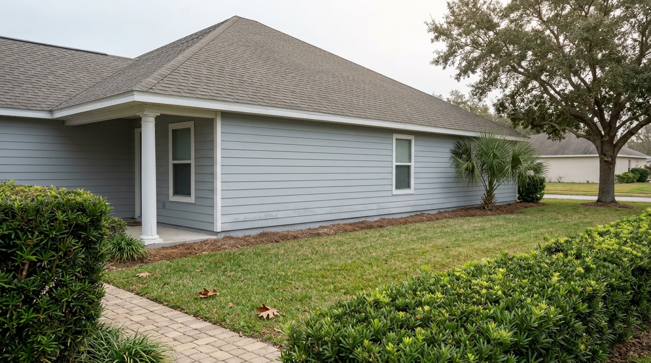 Gray-blue cottage with a gabled roof, lawn, paver path, clipped hedge, and oak canopy.