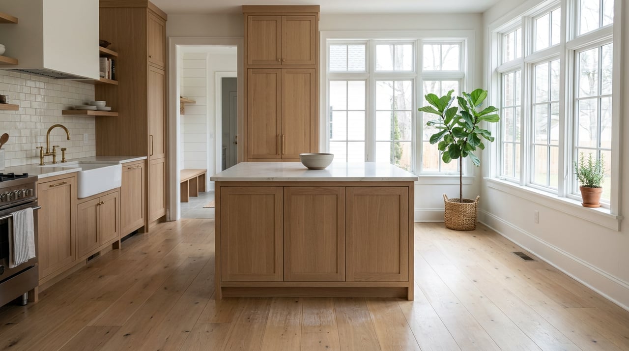 Light oak kitchen with a white quartz island, brass hardware, a fiddle-leaf fig by the window, and a hallway bench.