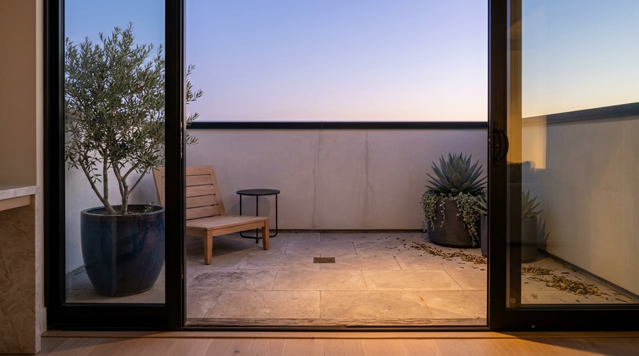 High-rise balcony with a lounge chair, glazed planters, and an olive tree beneath a lavender dusk sky.