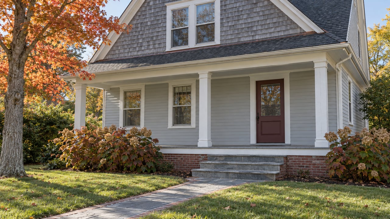Gray shingle and clapboard house with a white-trimmed porch, bluestone approach and autumn planting.
