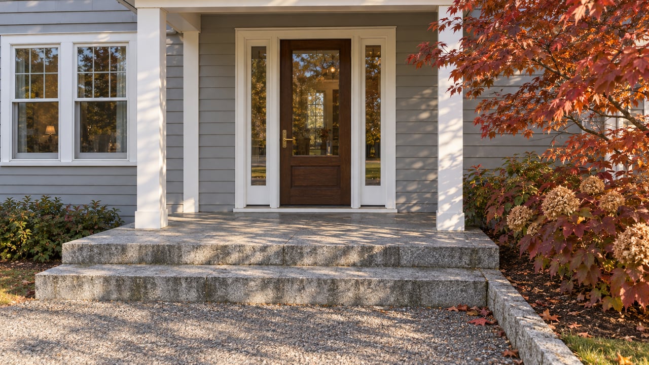 Gray clapboard home with a glazed oak front door, granite porch steps and red-orange maple foliage in autumn afternoon light.