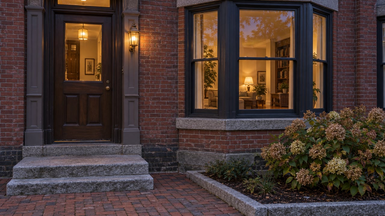 A brick residential entrance at dusk with an oak door, granite steps, a projecting bay window and one flowering hydrangea.