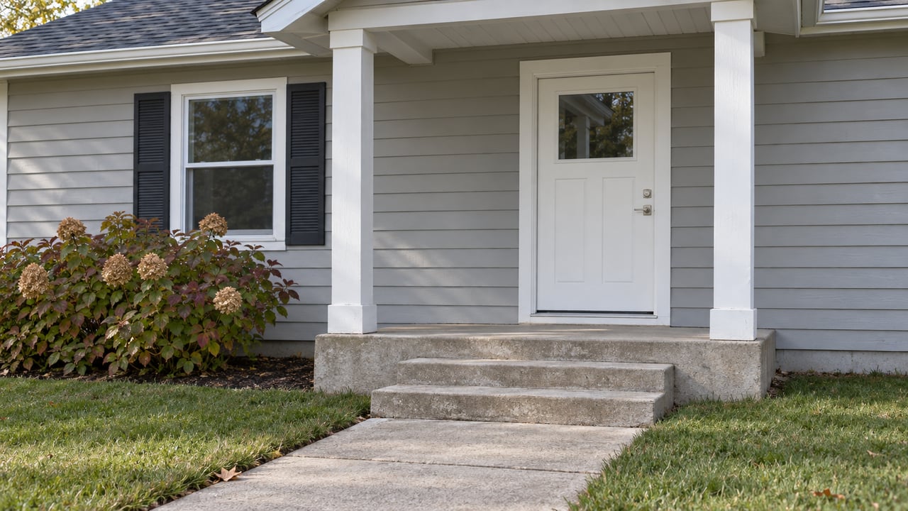 Light-gray sided home with a white covered entry, concrete steps, autumn oakleaf hydrangea and a neatly edged front walk.