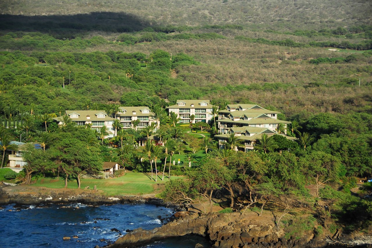 na hale o makena in Makena Maui shot from the air with ocean in front