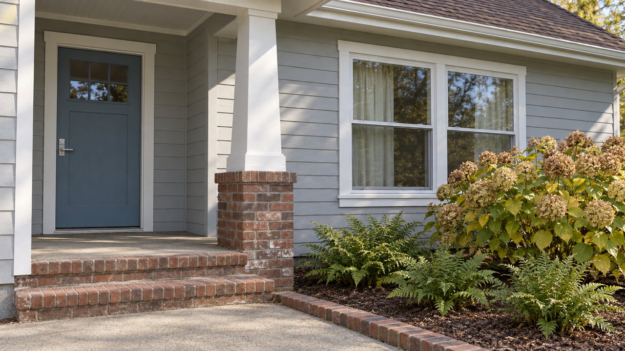 Sunlit gray clapboard bungalow entry with a blue door, paired front window, worn brick steps, and autumn hydrangea beside the porch.