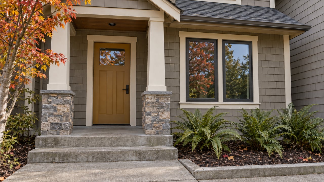 Covered entrance with stone porch bases resting on concrete, gray shingle siding, an ochre door, autumn maple and sword ferns.