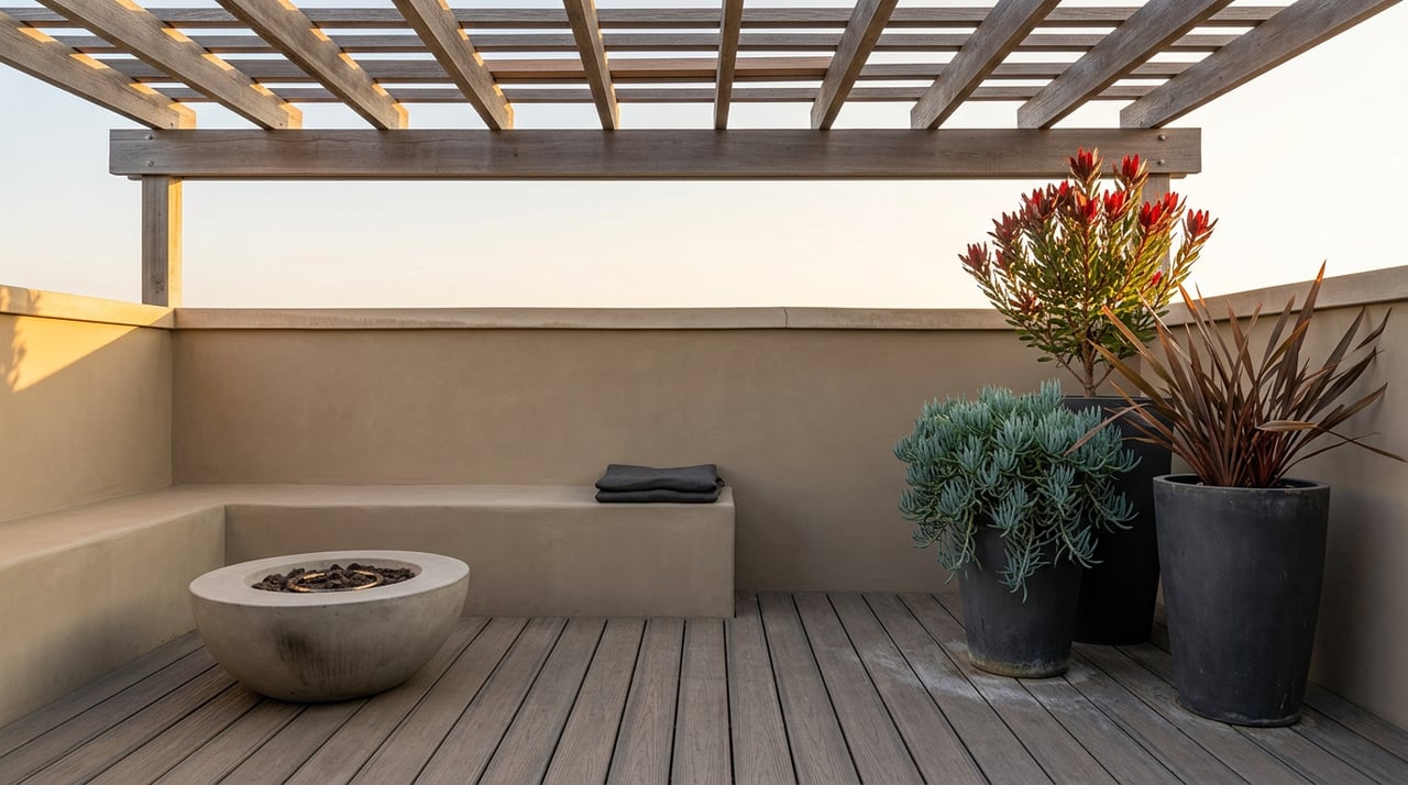 Rooftop terrace with a stucco bench, round fire bowl, red-leaved plants, and cedar pergola beams.