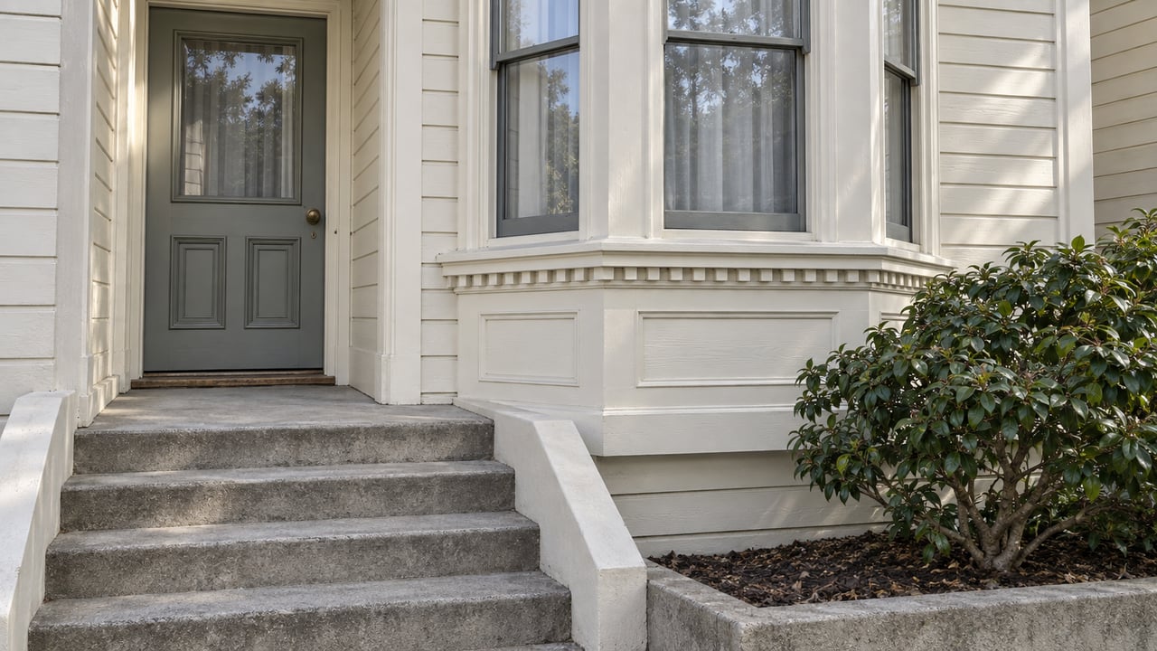 Cream timber facade with a projecting sash-window bay, gray-green entry door, worn concrete steps and one camellia in a curbed bed.