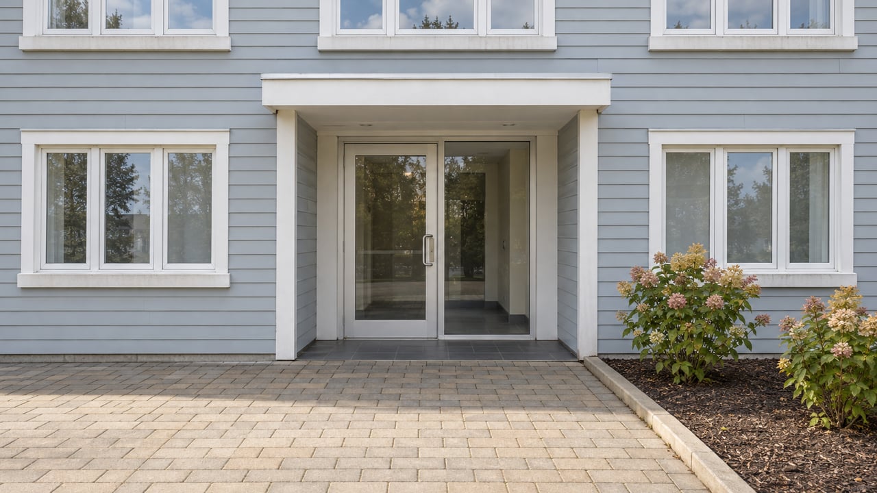 Blue-gray clapboard condominium entrance with grouped white-framed windows, a paved approach, and flowering hydrangeas.