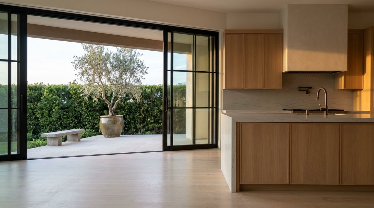 Great room with quartz island, black steel glass doors, and terrace olive tree.