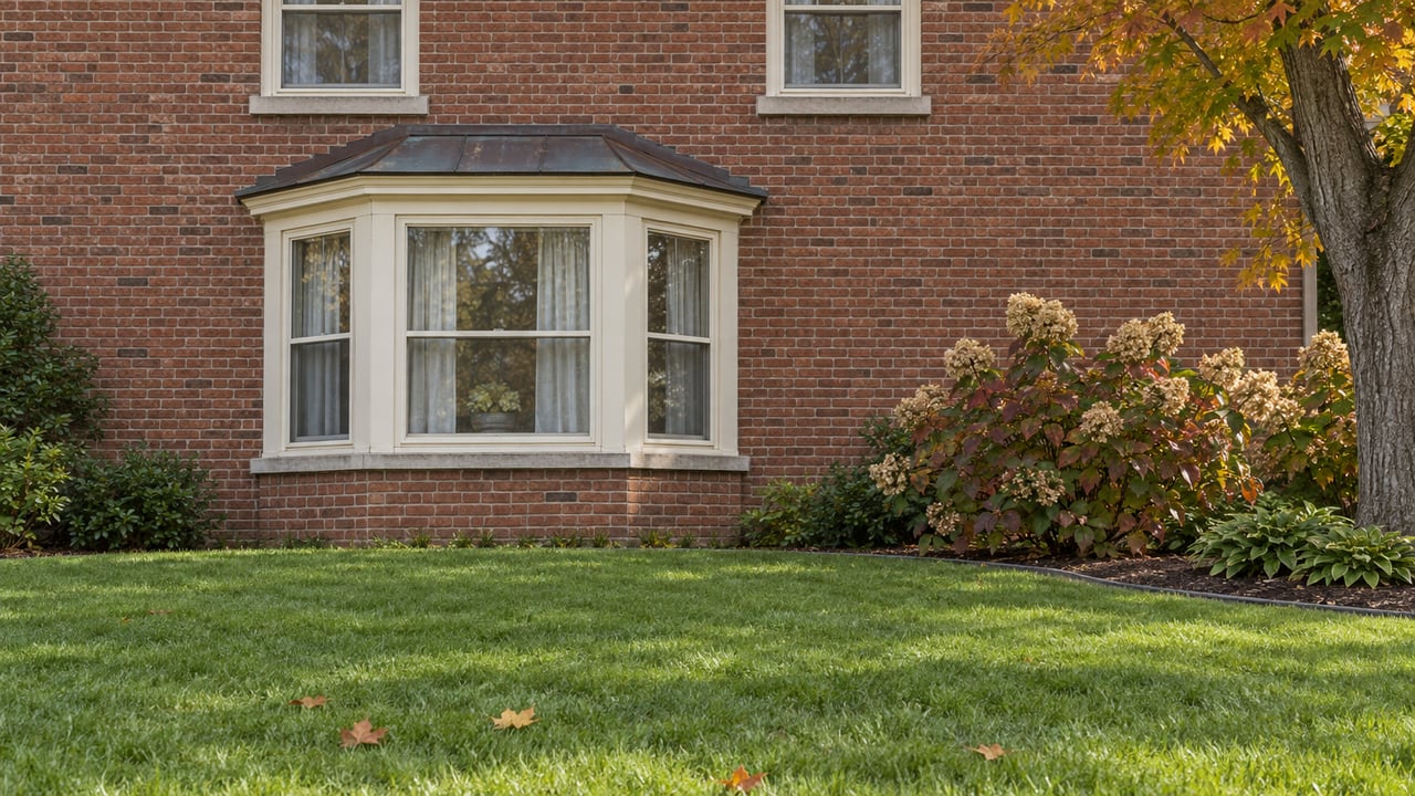 Brick colonial window bay overlooking a deep lawn, with oakleaf hydrangeas and an amber sugar maple.
