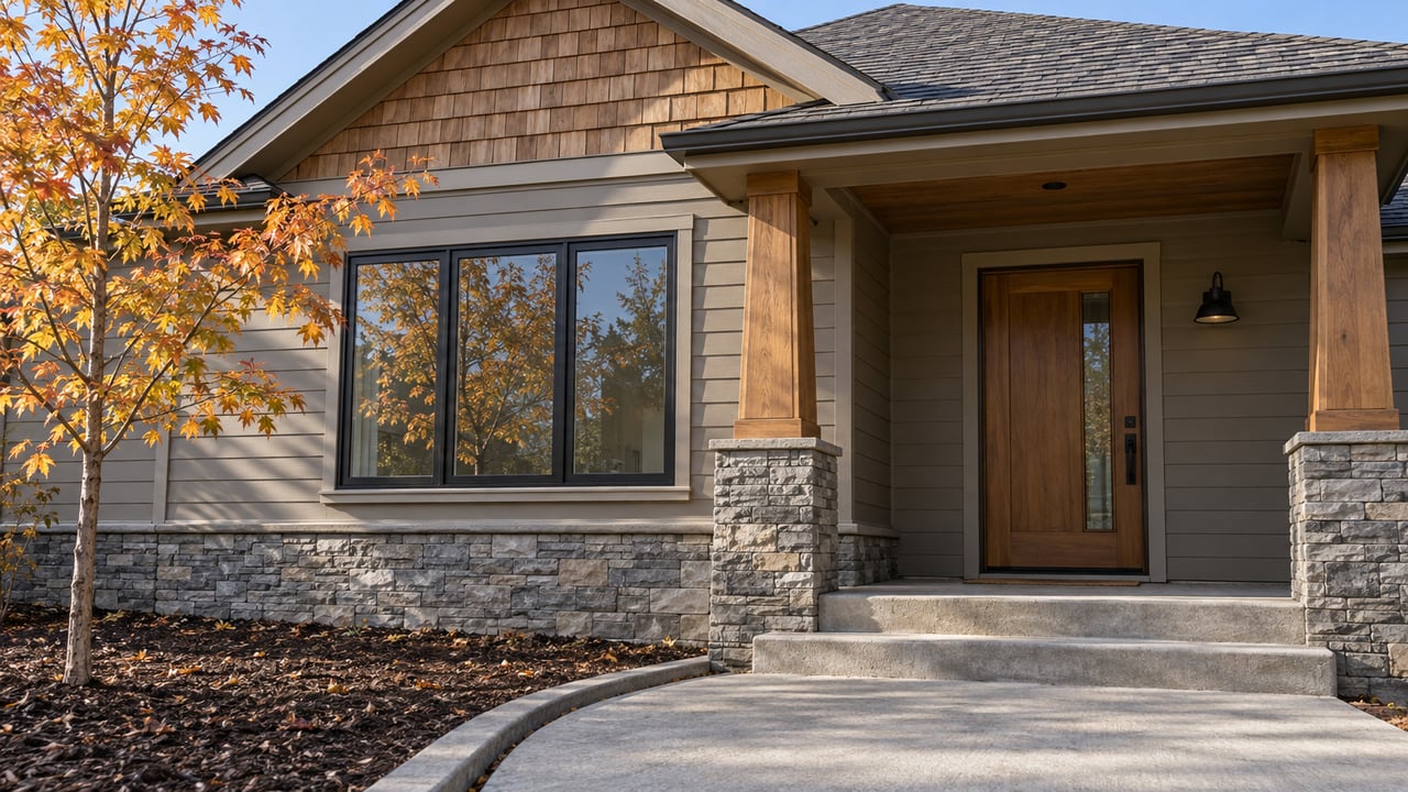 Autumn morning light across a cedar and greige-sided home with a stone porch base, curved concrete walk, and yellow-orange maple.