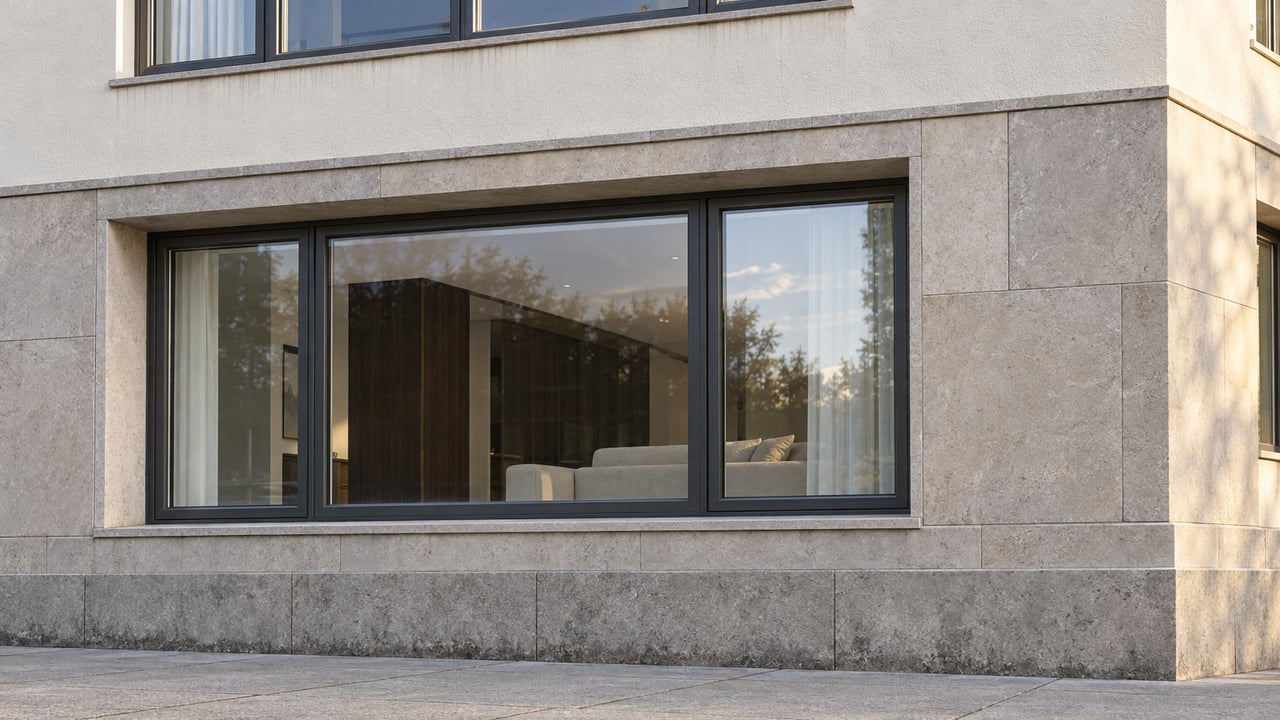 Close exterior view of condominium windows in charcoal frames, warm-gray limestone surrounds and pale stucco above a raised stone base.