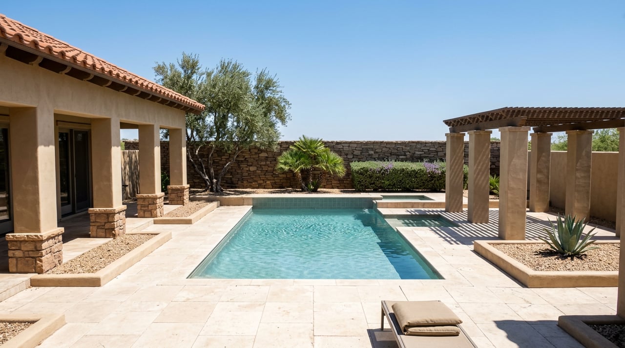 Courtyard with a rectangular pool, travertine deck, stucco pergola, and olive tree.