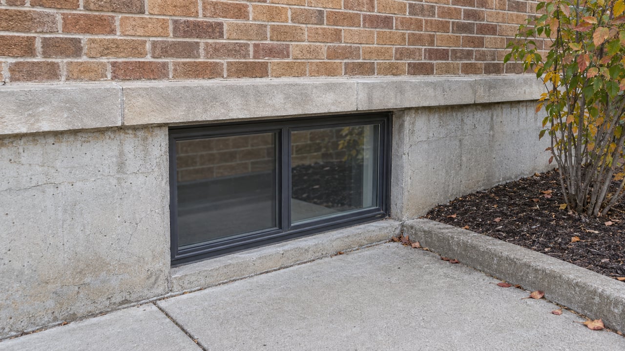 Brick bungalow wall above a limestone sill, with a two-pane basement window and small tree at the edge.