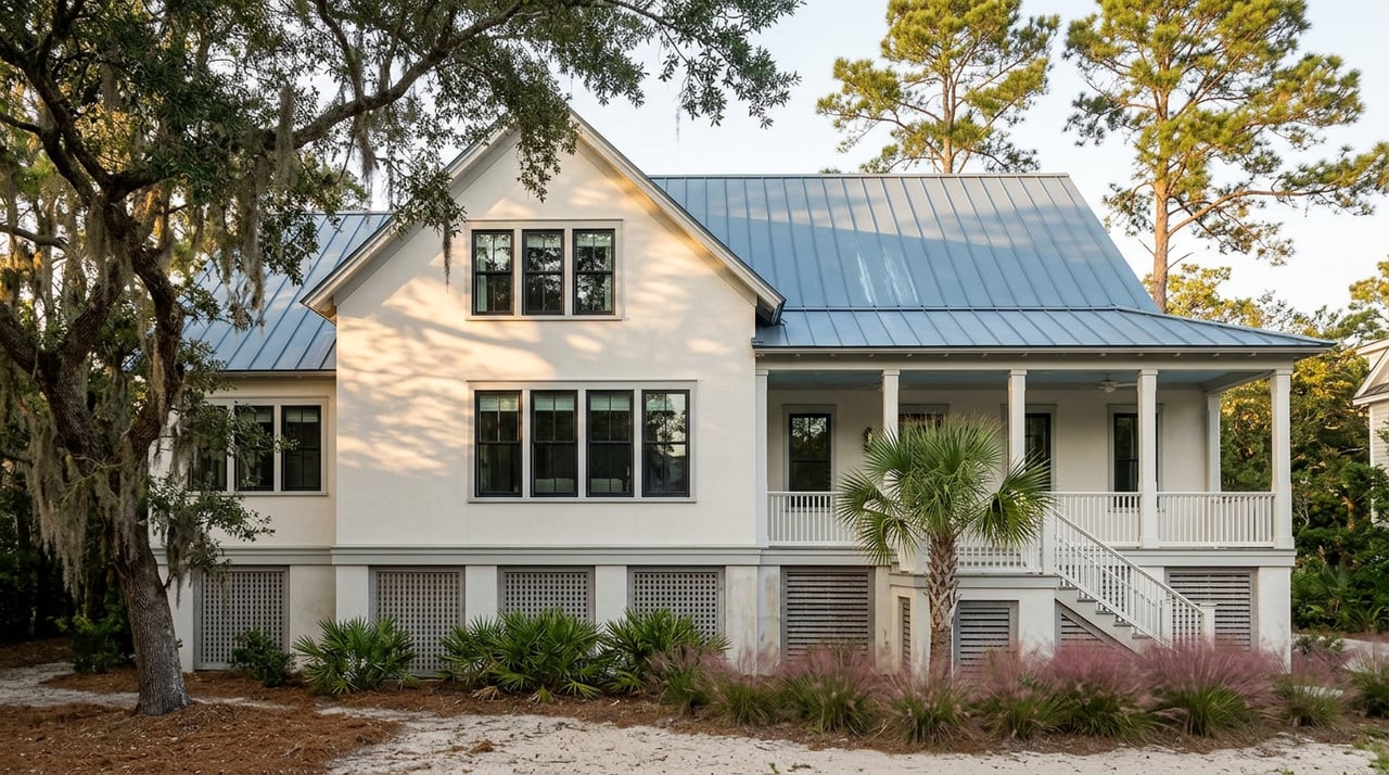 Raised coastal home with a zinc-blue standing-seam roof beneath pine branches and Spanish moss.