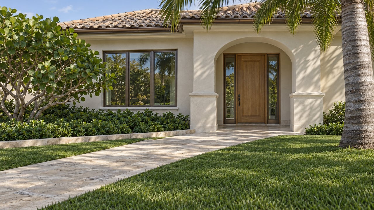Warm ivory home with a tiled hip roof, arched oak entrance, limestone approach and sculptural palms beside a broad lawn.
