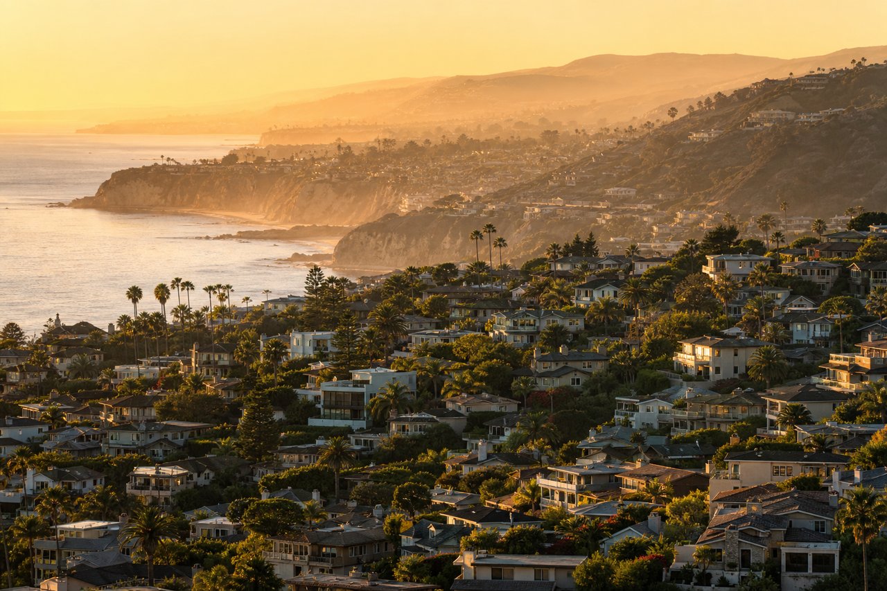 Laguna Beach homes and palm trees overlook the Pacific coastline at golden hour.