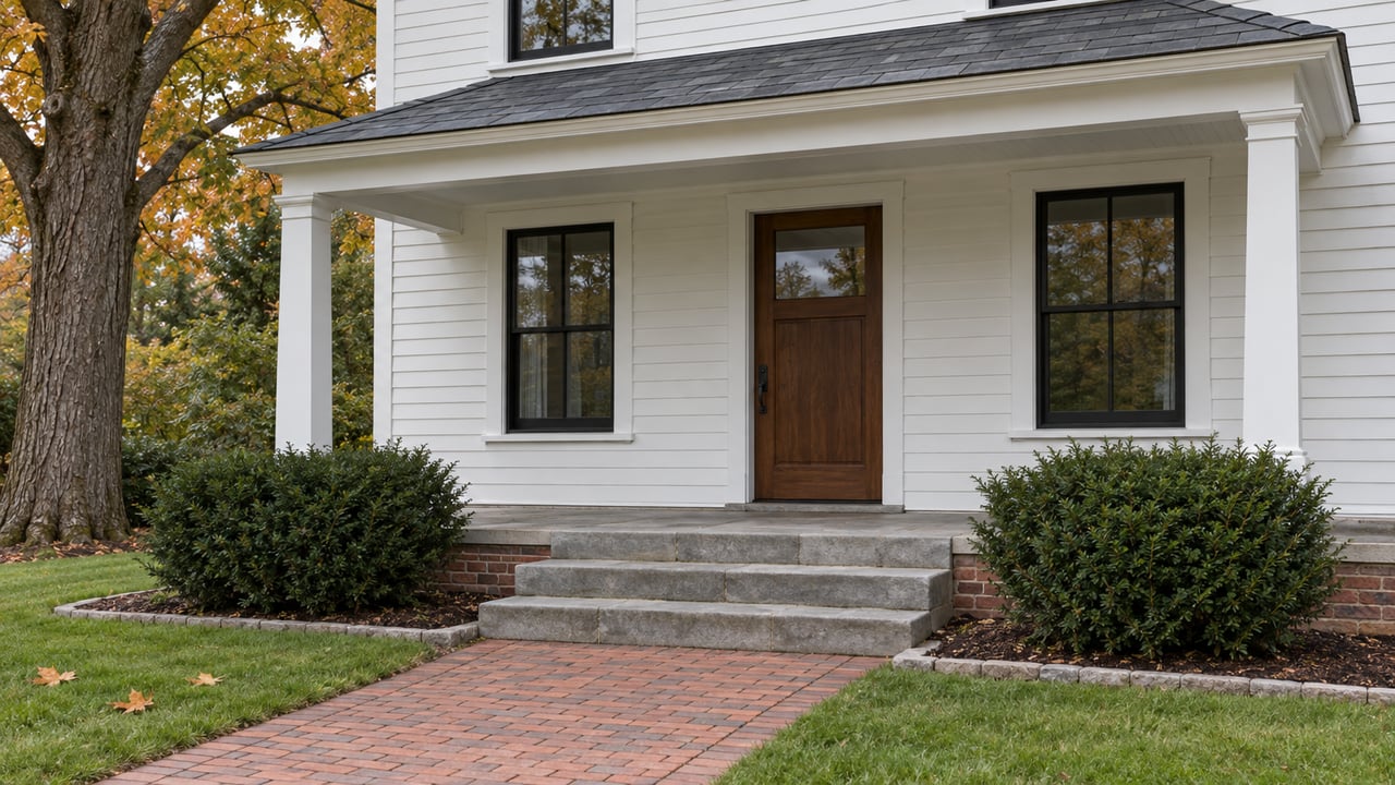 White clapboard home with a walnut front door, black-framed windows, sandstone porch steps and amber maple leaves beside a brick walk.