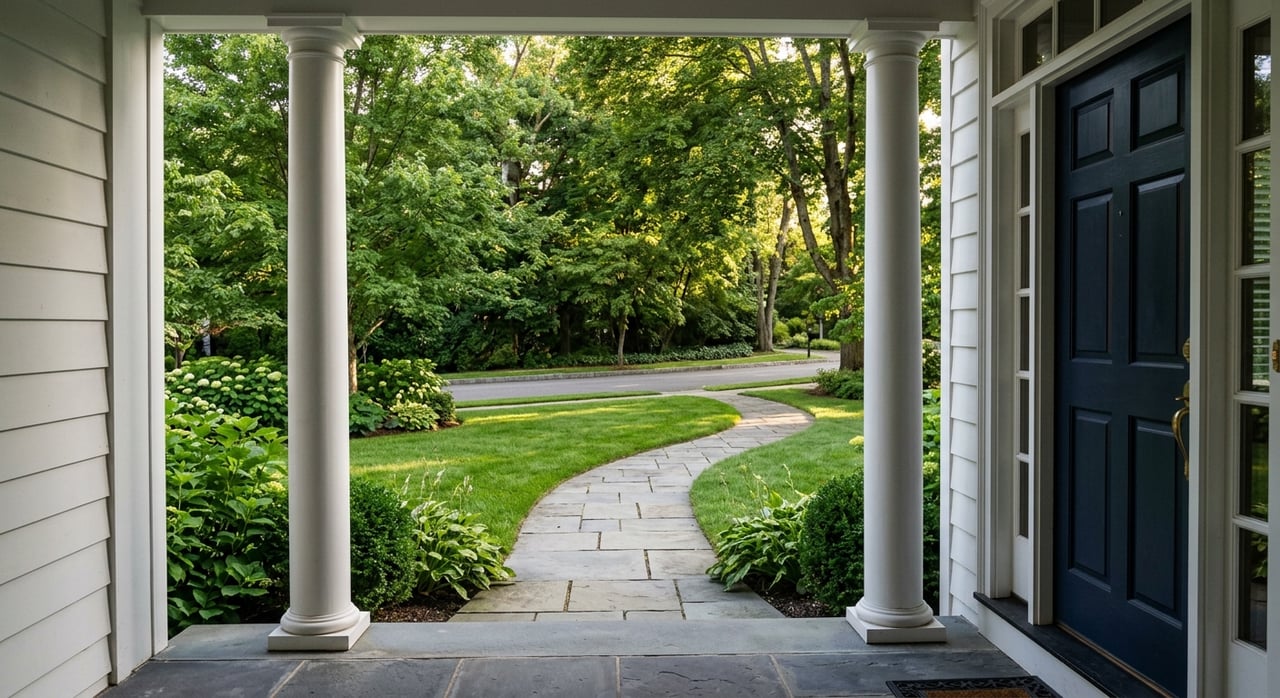 White porch columns frame a bluestone walkway crossing a lawn to the sidewalk beneath leafy trees.
