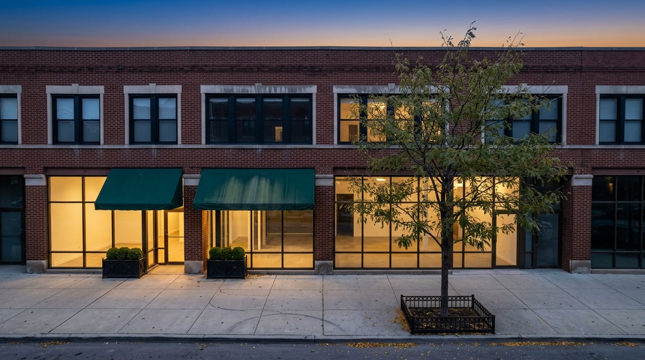 Wrigleyville brick storefronts with green awnings glow warmly beneath a twilight sky, beside a honeylocust tree and planters.