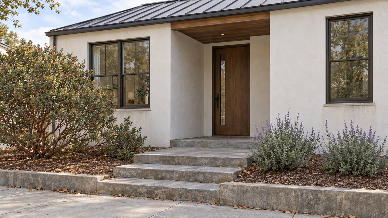 Off-white stucco home with a recessed oak door, three stone steps, and manzanita and sage plantings.