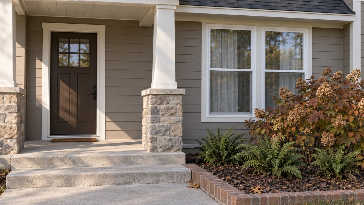 Close view of a taupe-sided attached home's covered entry, stone porch support and white-framed window, with autumn oakleaf hydrangea beside concrete steps.