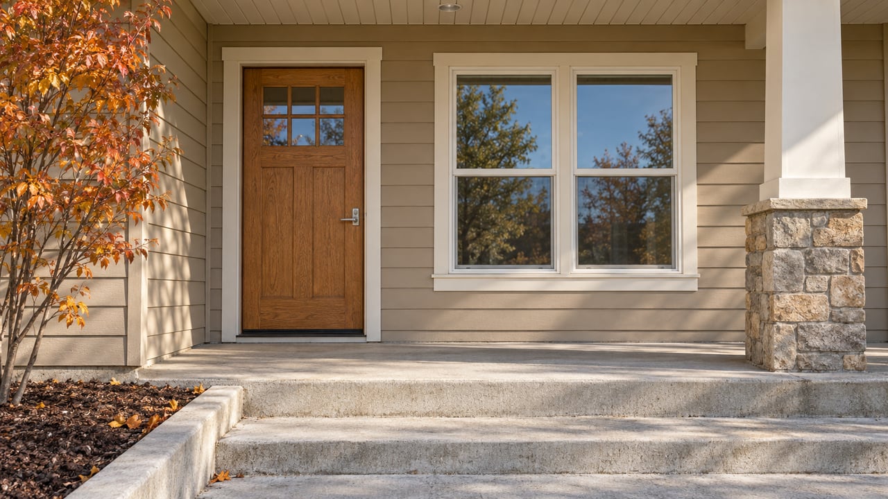 Sunlit covered home entry with a honey-brown oak door, beige siding, stone porch support, and copper autumn leaves.