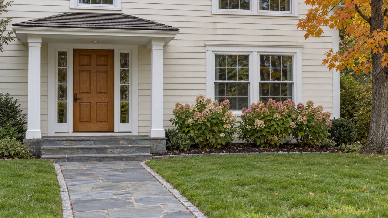 Ivory clapboard home with an oak front door, covered bluestone entry, broad lawn and autumn hydrangeas.