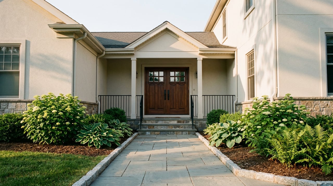 Stucco home entry with paired dark wood doors, stone steps, and a bluestone path bordered by gardens.