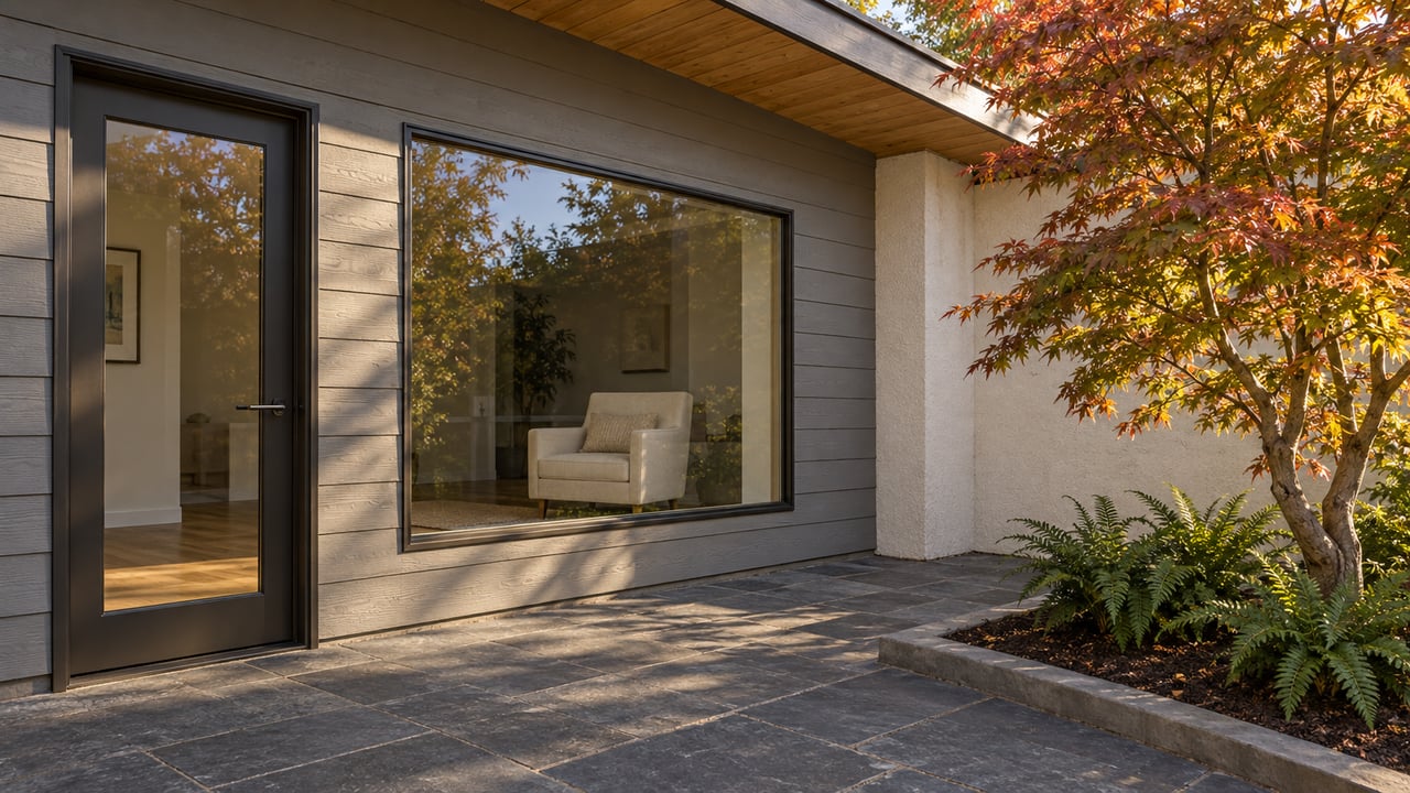 A wood-sided home opens onto a stone patio beside a vine maple and sword ferns, with warm afternoon light across intact glazing.