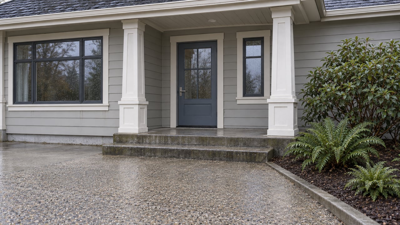 A light gray home with a covered porch, blue-gray glazed door, damp concrete approach, evergreen huckleberry and sword ferns.