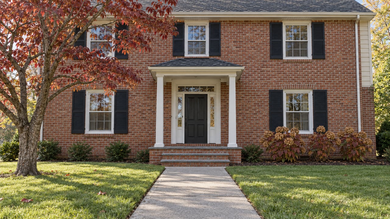 Brick-and-siding home with paired black shutters, a sheltered front entry, a deep concrete approach and autumn dogwood foliage.
