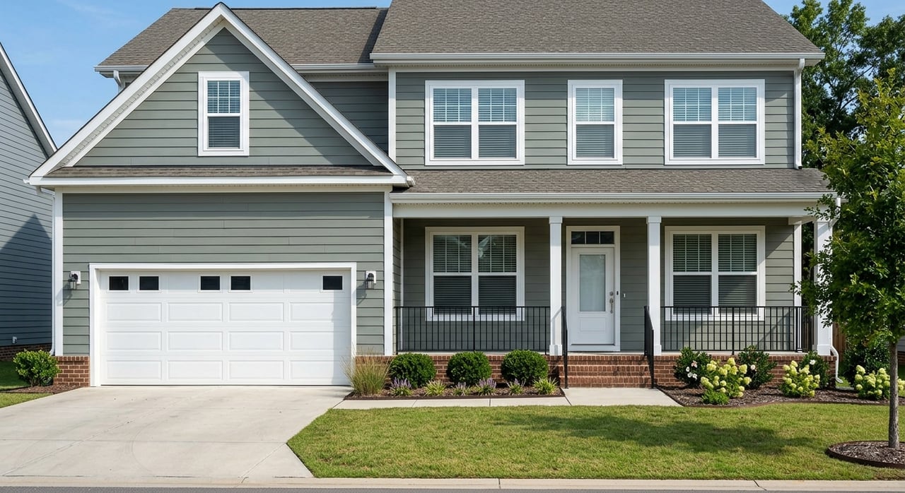 Gray-green suburban home with a two-car garage, centered porch, driveway, lawn, and landscaped beds.