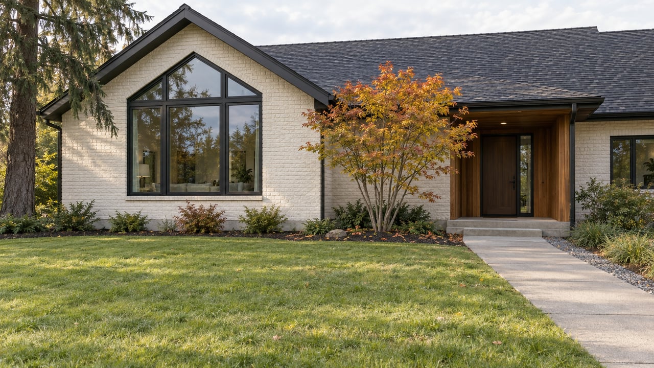 Painted-brick home with a broad gable, black-framed windows and a cedar-lined entry beyond a deep lawn and concrete approach.