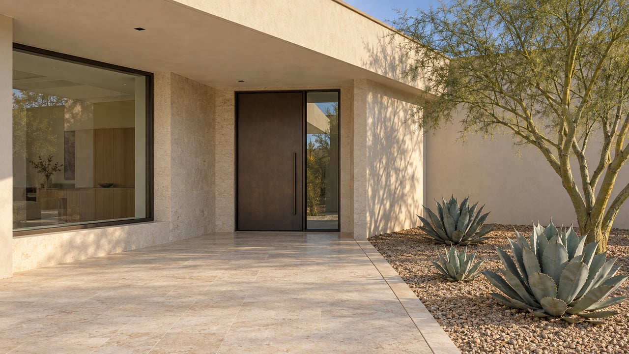 Contemporary desert home's recessed bronze entry, limestone terrace and sculptural blue-gray agaves in warm afternoon light.