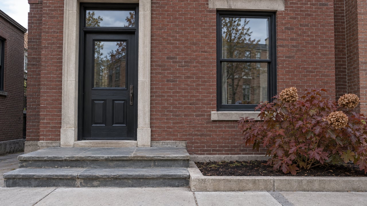 Brick home entrance with a glazed dark door, gray stone steps, and burgundy oakleaf hydrangea beside the sidewalk.
