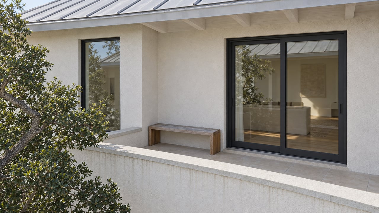 Sunlit white-stucco residential terrace with charcoal-framed glass doors, a silvered teak bench and sand live oak branches.
