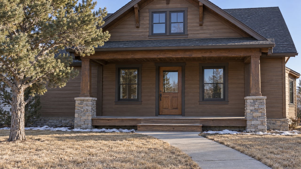 A compact timber-clad home with a stone-supported porch, dark-framed windows and a dormant winter front lawn.
