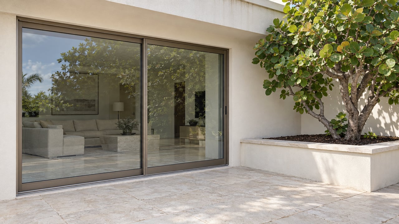 Cream stucco home with bronze-framed glass doors, a pale limestone terrace, and a sea grape tree in a raised masonry planter.