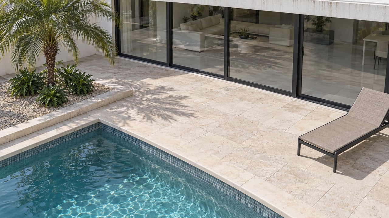 Elevated view of a limestone pool terrace beside a white stucco home, with closed glass doors, one lounge chair and a specimen palm.
