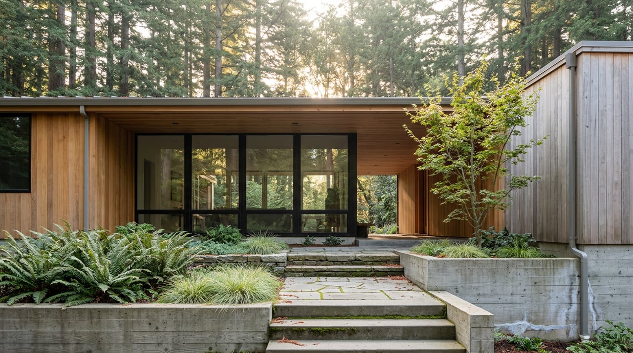 Low-profile cedar home with black-framed windows above stone-edged terraces, backed by redwoods and ferns.