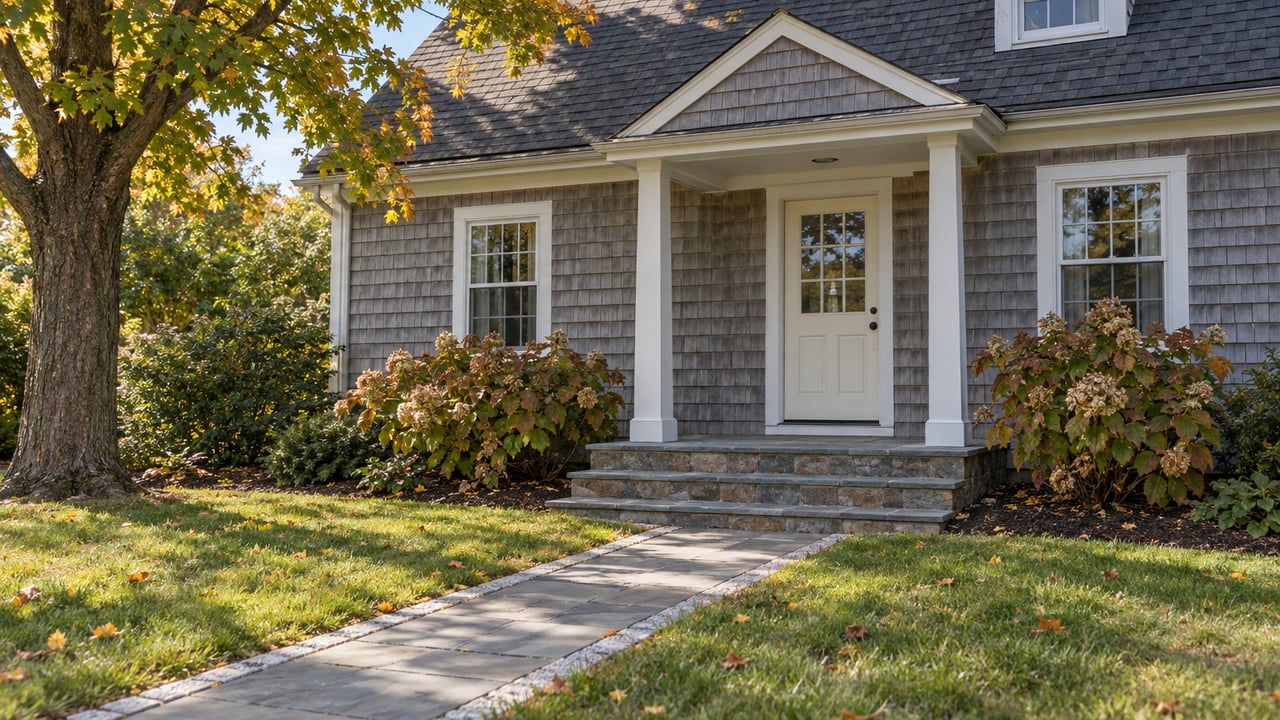 Gray cedar-shingled home with a white-trimmed porch, bluestone front walk and established lawn in afternoon sunlight.