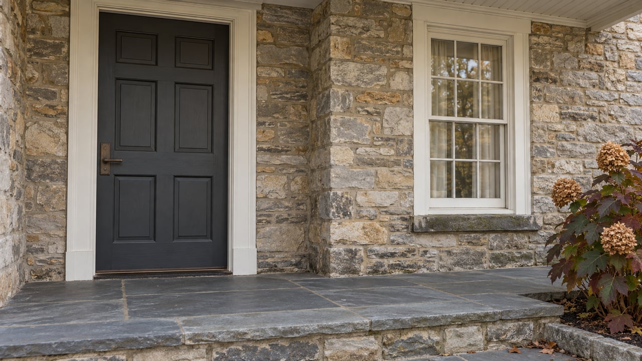 Stone home entry with a charcoal door, divided-light window, worn bluestone landing, and autumn oakleaf hydrangea.