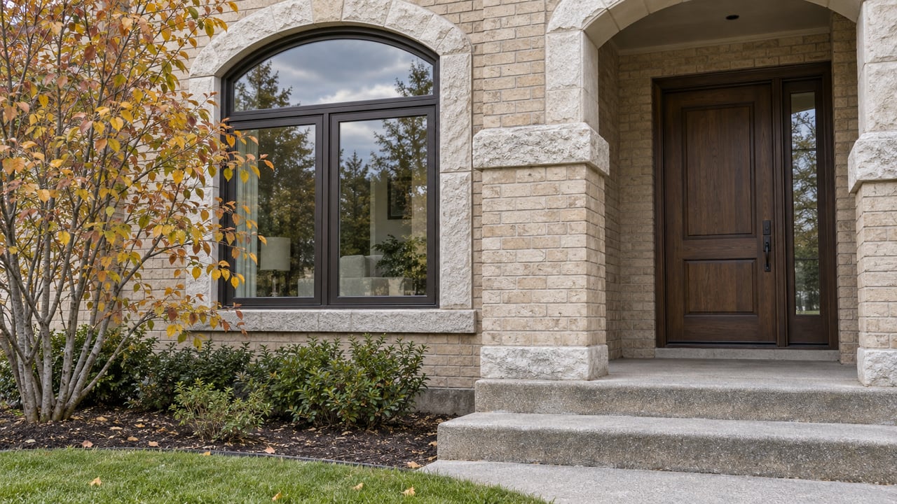 Pale brick and limestone frame an arched window and recessed walnut entry above concrete steps, with autumn serviceberry leaves in the front garden.