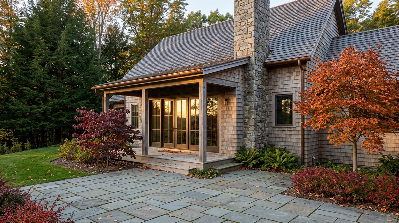 Weathered cedar mountain home with a stone chimney, bluestone patio, and vivid autumn foliage.